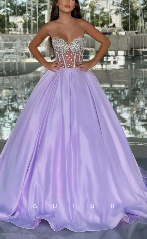 G3152 - Chic & Modern A-Line Strapless Beaded Satin Lilac Long Formal Prom Evening Dresses