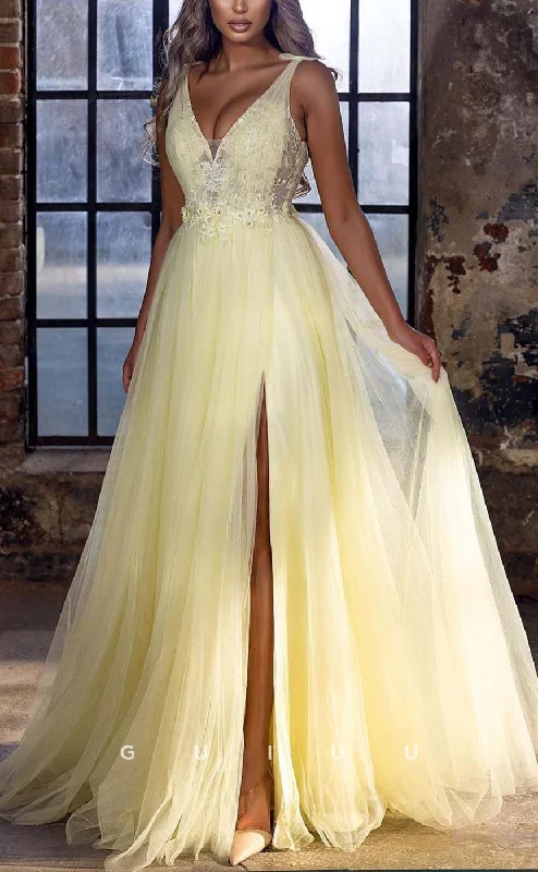 G3183 - Classic & Timeless A-Line V-Neck Sheer Applique Long Formal Prom Dresses