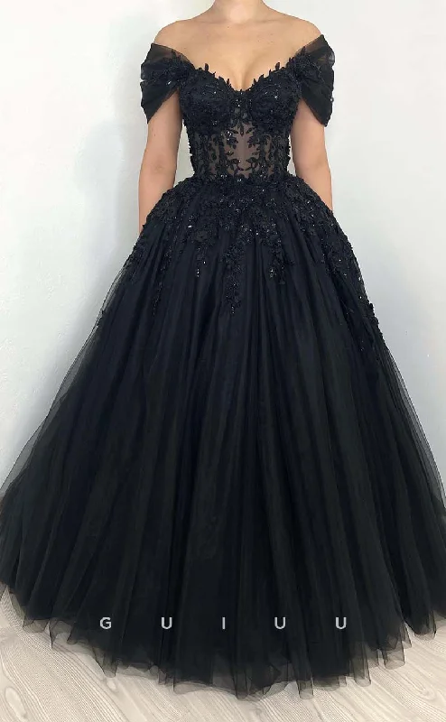 G3199 - Chic & Modern A-Line Off-Shoulder Beaded Applique Long Formal Prom Dresses