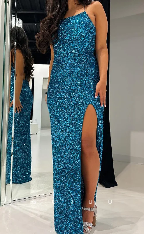 G3217 - Sheath Halter Sleeveless Fully Sequined Criss Cross Straps Long Prom Dress with Hig Side Slit