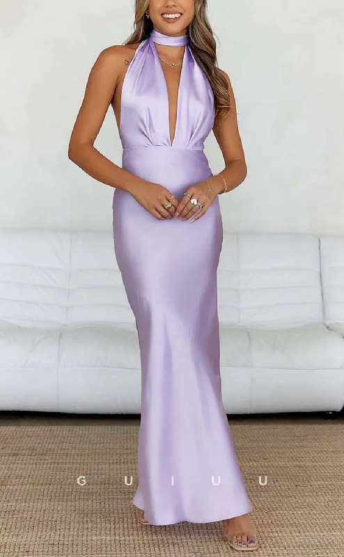 G3267 - Classic & Timeless V-Neck Halter Lilac Long Party Prom Evening Dresses