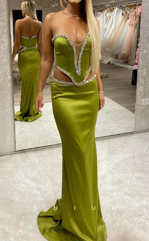 G3288 - Sexy & Sheath V-Neck Strapless Beaded Green Long Party Prom Evening Dresses