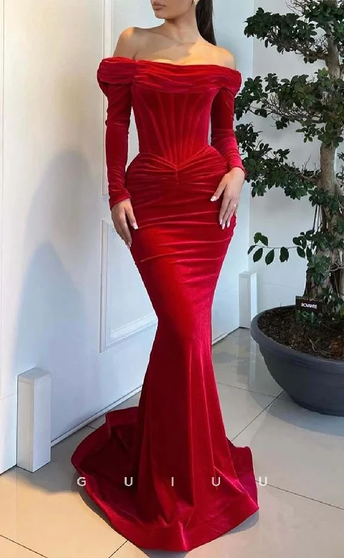 G3307 - Chic & Modern Velvet Off-Shoulder Red Long Party Prom Evening Dresses