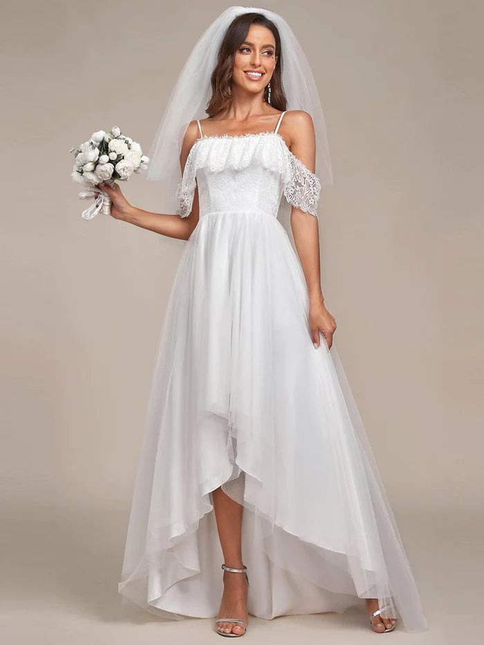 Maxi Long Spaghetti Straps High Low Lace Wedding Dress