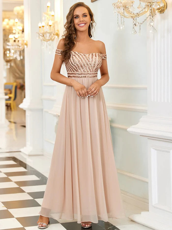 Off Shoulder Shining Paillette A-Line Maxi Evening Dress