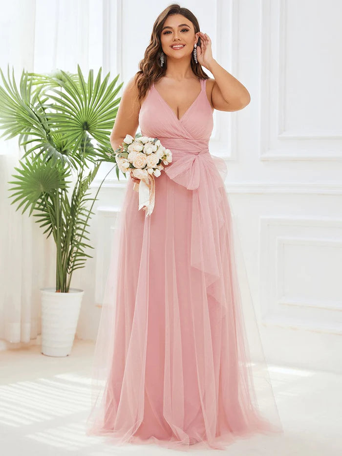 Plus Size Maxi Long Double V Neck Tulle Bridesmaid Dresses