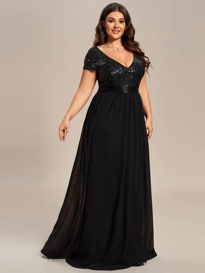 Plus Size V-Neck Cap Sleeve Sequins Chiffon Maxi Evening Dress