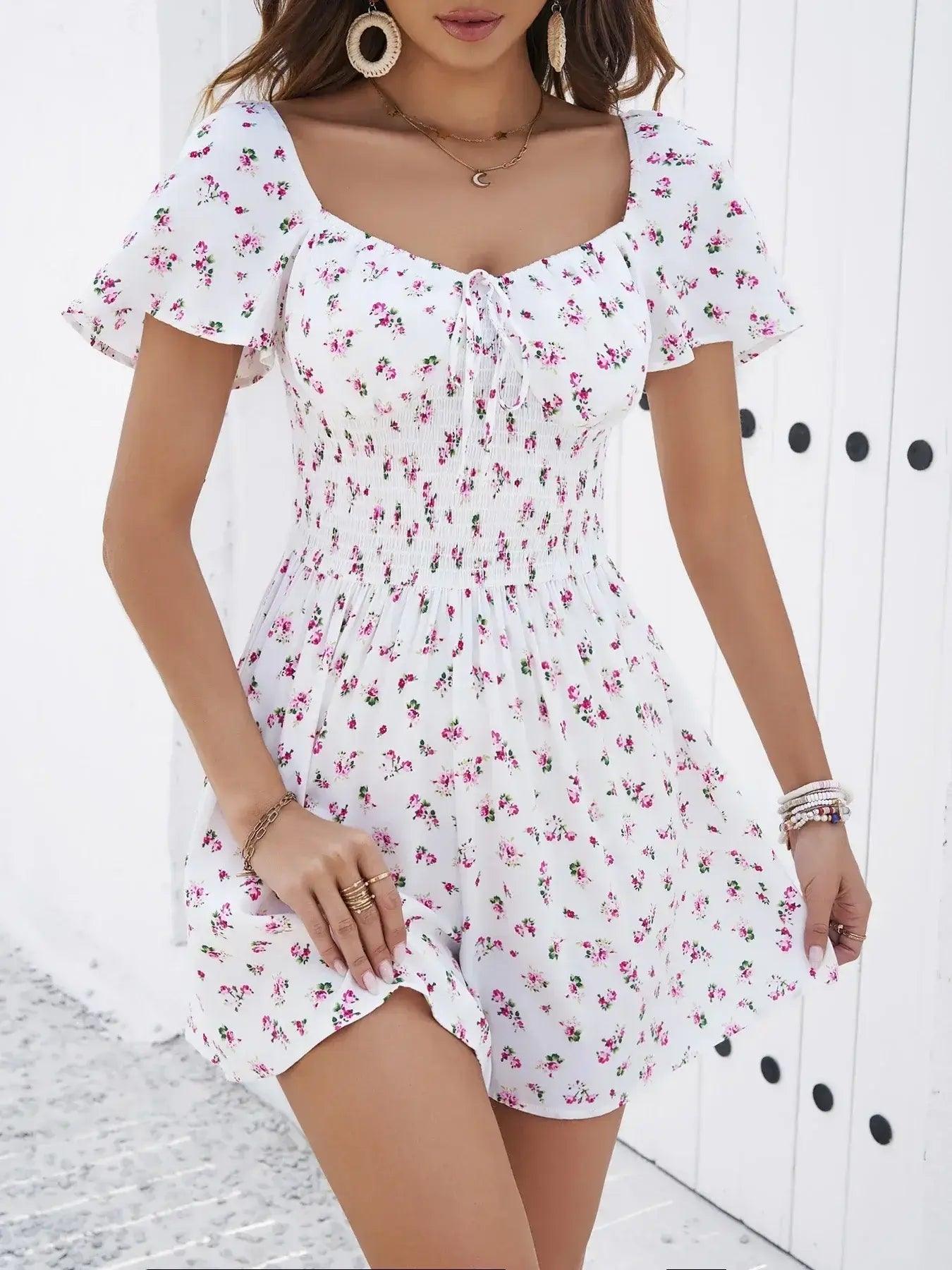 Short Sleeve Elasticated Waist Floral Mini Dress