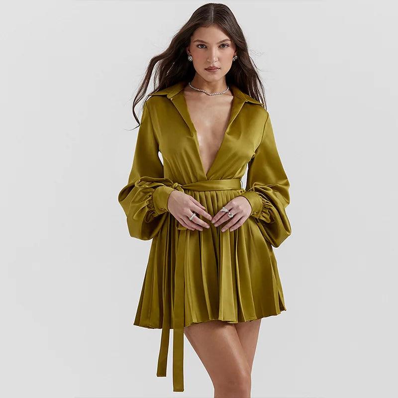 Silk Long Sleeve Pleated Mini Dress