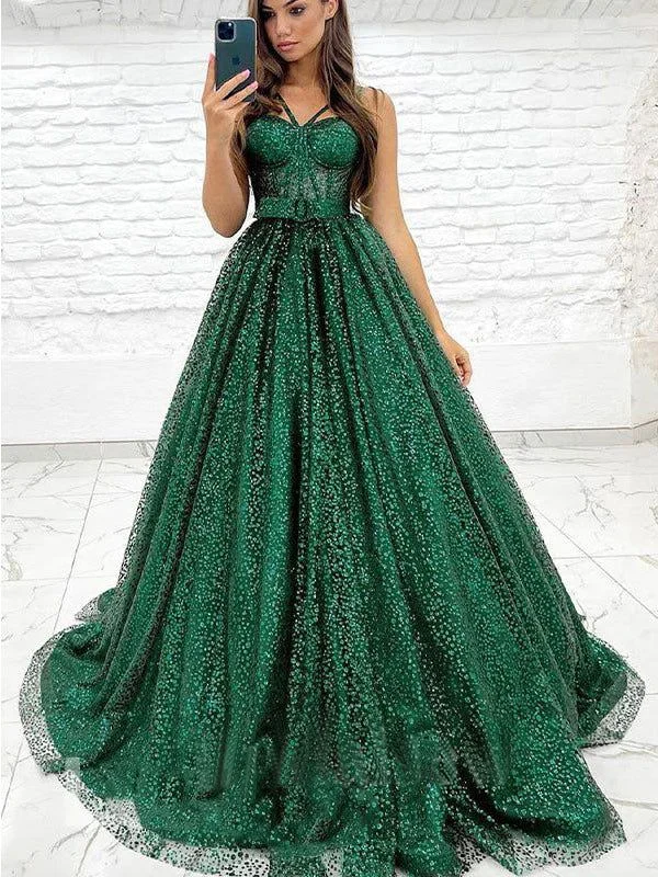 Sparkly Green A-line Spaghetti Straps Maxi Long Prom Dresses Evening Dresses,DP0130