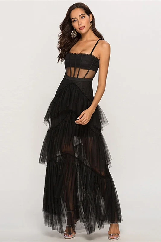 Straps Black Tulle Ruffled Long Maxi Dress