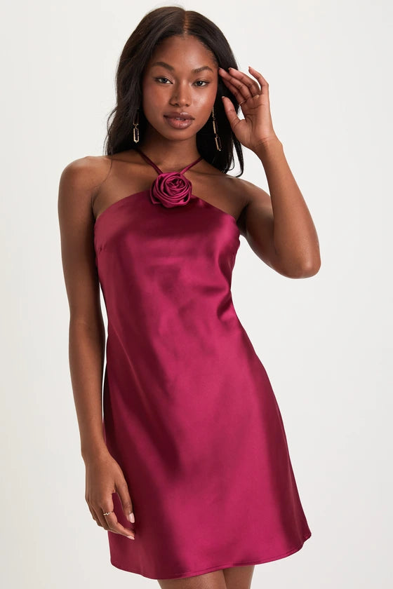 Sweet Prose Magenta Satin Rosette Halter Neck Mini Dress