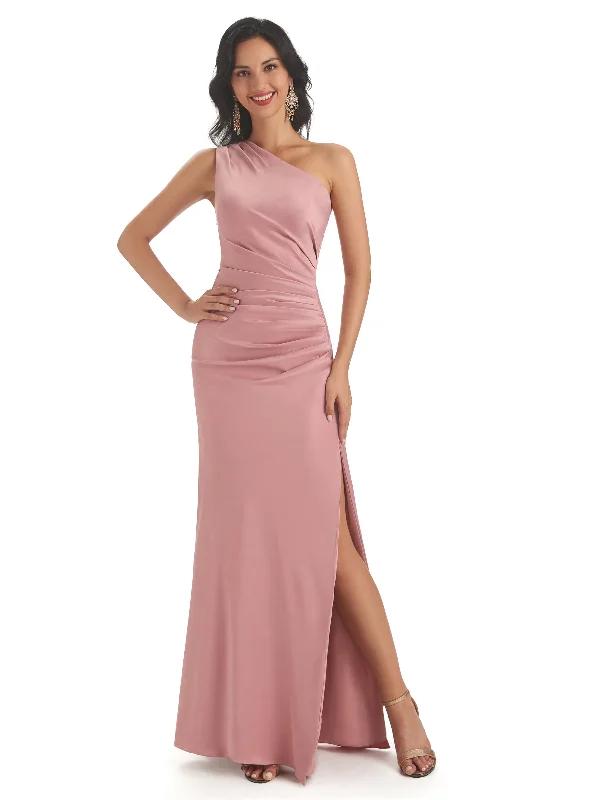 Sexy Side Slit One Shoulder Satin Mermaid Maxi Bridesmaid Dresses Gown