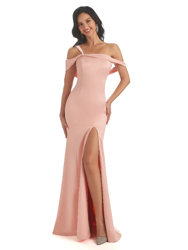 Off The Shoulder Soft Satin Side Slit Mermaid Long Maxi Bridesmaid Dresses