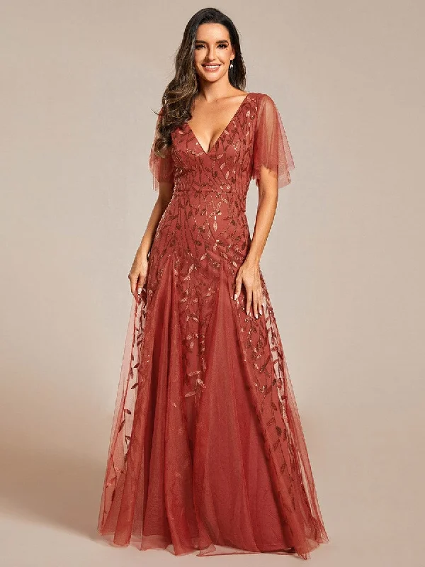 Custom Size V Neck Ruffle Sleeves Sequin Maxi Formal Evening Dress