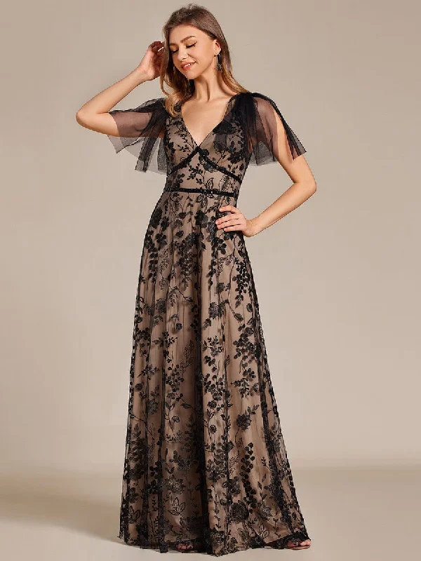 Embroidered Mesh Flutter Sleeve V-Neck Formal Evening Maxi Dress