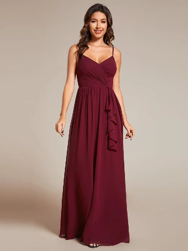 Maxi Sleeveless Pleated Chiffon Bridesmaid Dress with Lotus Leaf