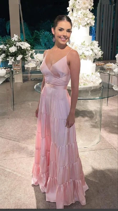 Pink A-line Spaghetti Straps V-neck Maxi Long Prom Dress cc1036