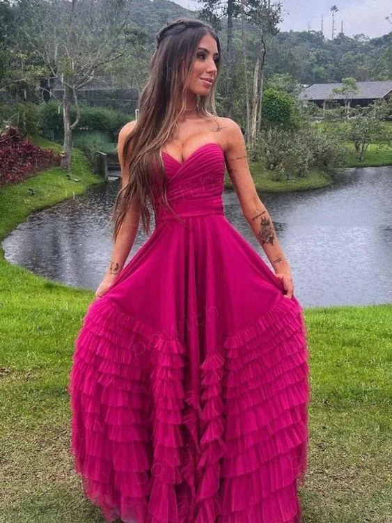 Pink Sweetheart Multilayer Prom Dress Strapless A-line Tulle Maxi Dress cc1017