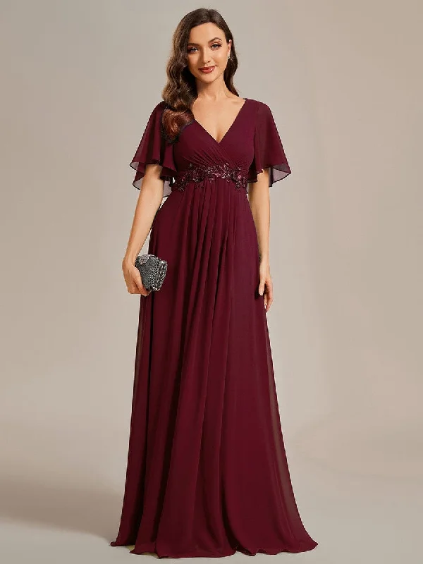 Gentle Iris | Ruffles Sleeve A-Line Chiffon Waist Applique Maxi Formal Evening Dress