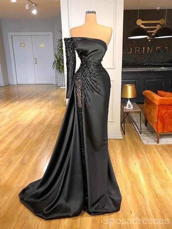 Sexy Black Mermaid One Shoulder Long Sleeves Maxi Long Party Prom Dresses,Evening Dress,13488