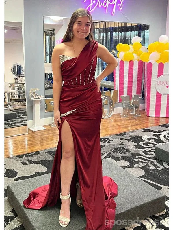 Sexy Burgundy Mermaid One Shoulder Side Slit Maxi Long Party Prom Dresses,Evening Dress,13446