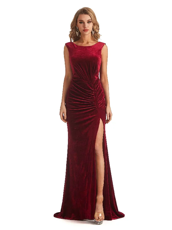 Sexy Open Back Mermaid Velvet Jewel High Split Maxi Long Bridesmaid Dresses Online