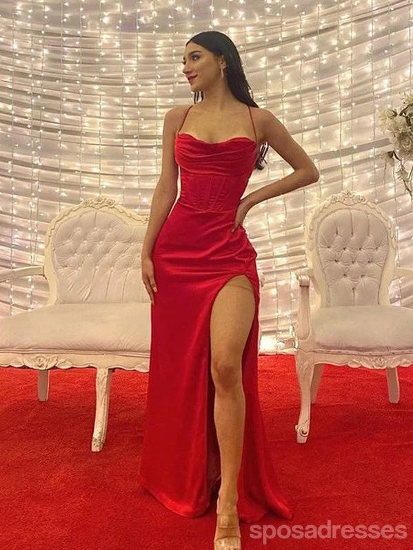 Sexy Red Mermaid Spaghetti Straps Side Slit Maxi Long Party Prom Dresses,Evening Dress,13432