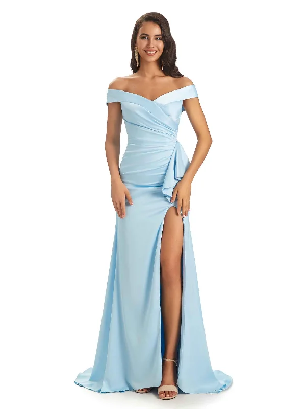 Sexy Soft Satin Side Slit Off The Shoulder Maxi Long Mermaid Bridesmaid Dresses