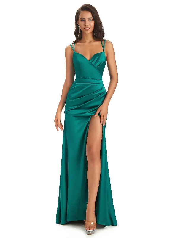 Sexy Soft Satin Side Slit Spaghetti Straps Long Maxi Mermaid Bridesmaid Dresses