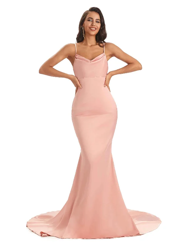 Sexy Backles Soft Satin Spaghetti Straps Maxi Mermaid Bridesmaid Dresses Online