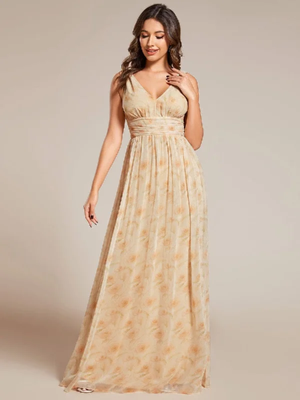 Pleated Sleeveless V-Neck Chiffon Maxi Dress