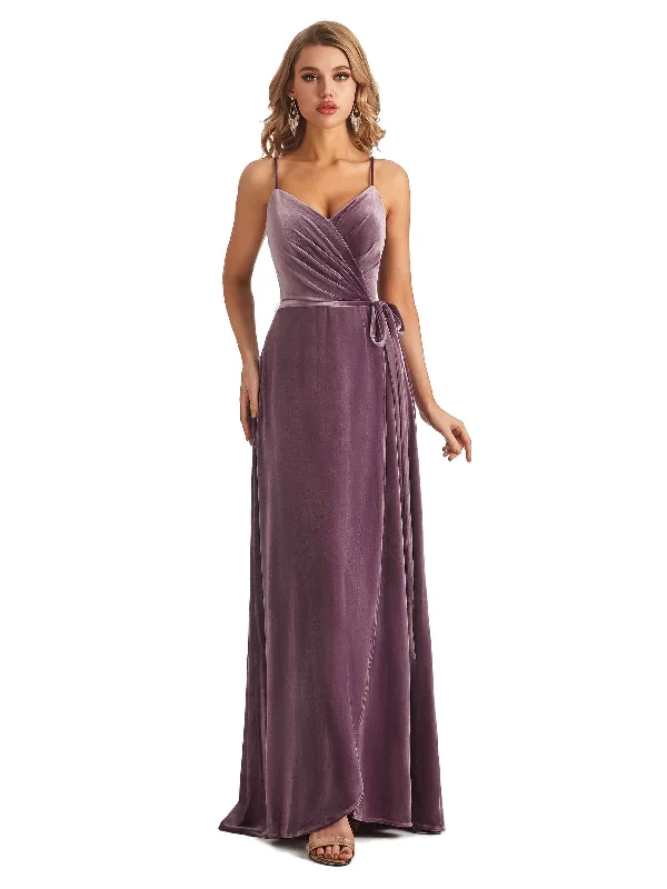 Spaghetti Straps A-line Velvet V-neck High Slit Maxi Long Bridesmaid Dresses Online