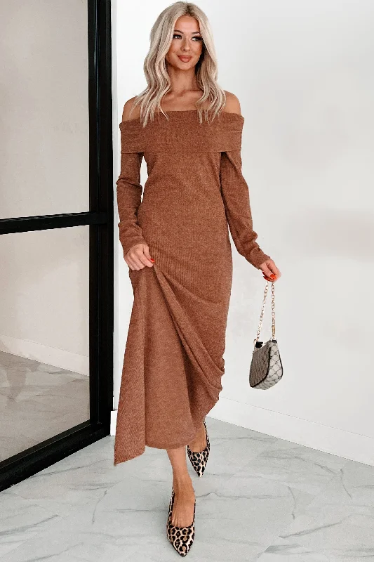 Tanya Off The Shoulder Sweater Maxi Dress (Brown)