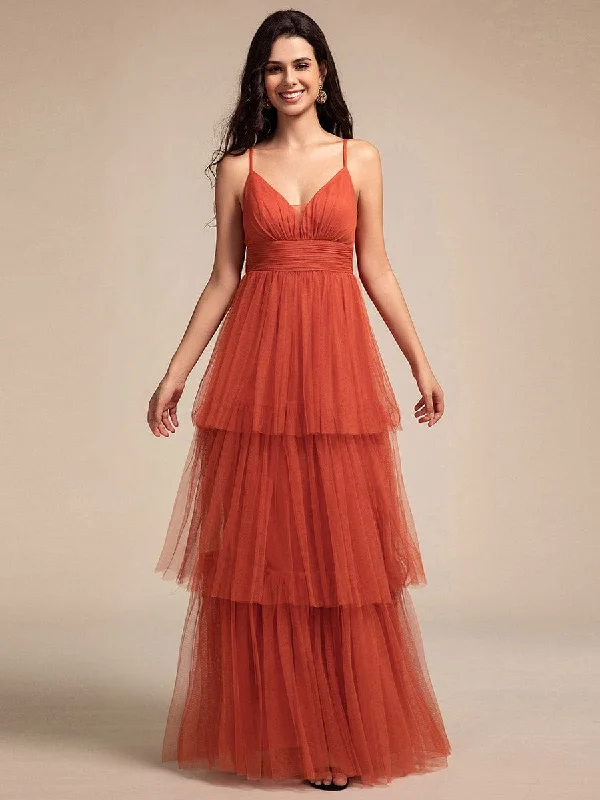 Tiered Spaghetti Strap Tulle Maxi Bridesmaid Dress