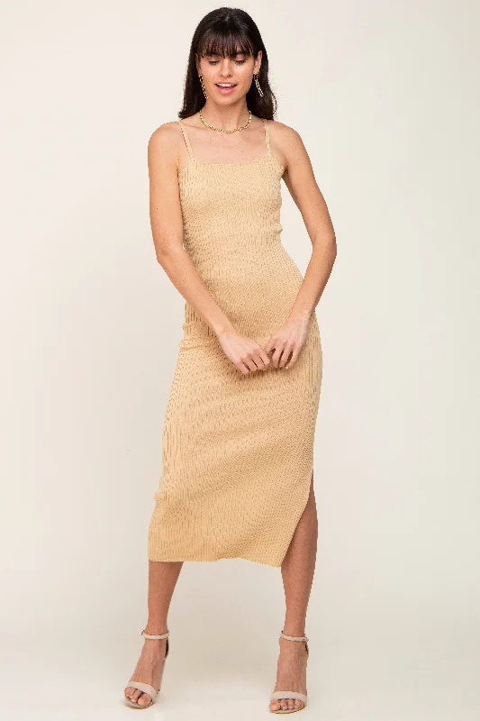 Beige Ribbed Knit Side Slit Midi Dress