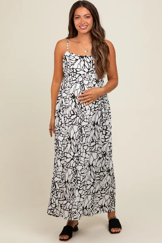 Black Abstract Floral Print Maternity Midi Dress