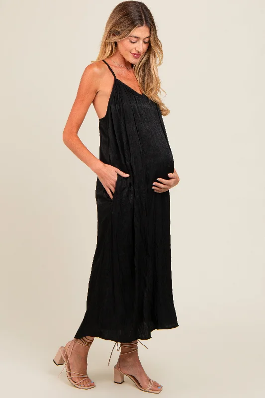 Black Crinkle V-Neck Cross Back Maternity Midi Dress