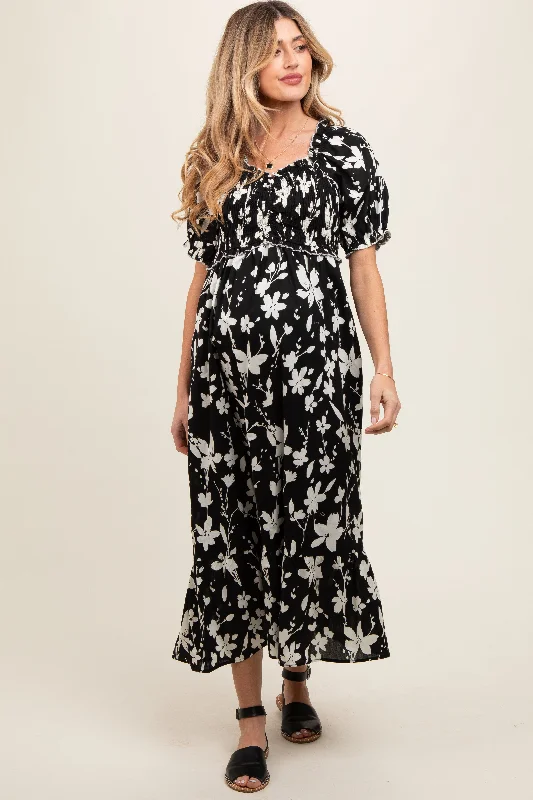 Black Floral Puff Sleeve Maternity Midi Dress