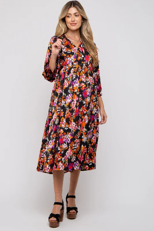 Black Floral Satin Ruffle Neck Maternity Midi Dress