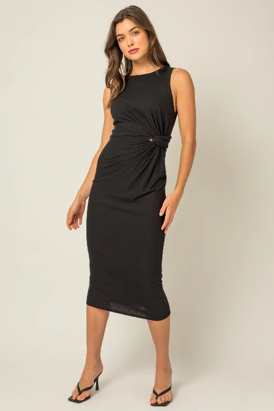 Black Rib Knit Sleeveless Side Twist Midi Dress