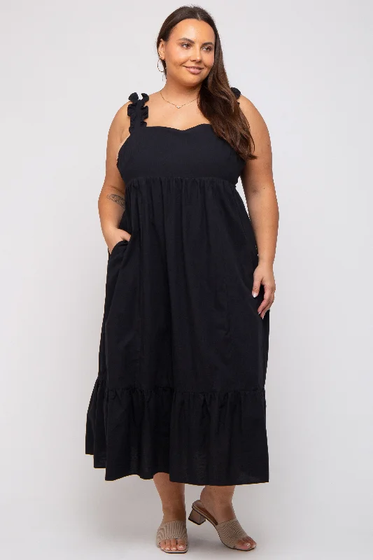 Black Ruffle Strap Back Tie Plus Midi Dress