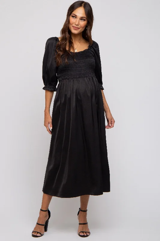 Black Satin Smocked Maternity Midi Dress