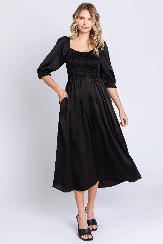 Black Satin Smocked Midi Dress