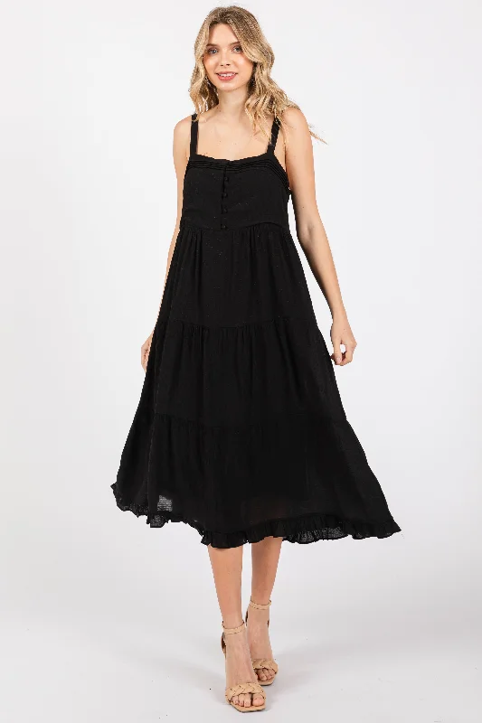 Black Sleeveless Button Tiered Midi Dress