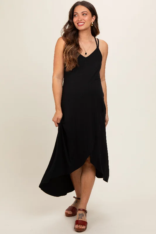 Black Sleeveless Crisscross High-Low Wrap Maternity Midi Dress