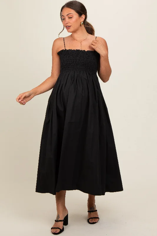 Black Smocked Pocketed Maternity Midi Dress