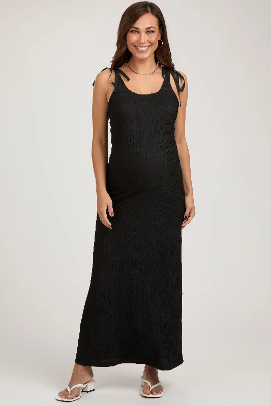 Black Textured Tie Strap Maternity Midi Dress