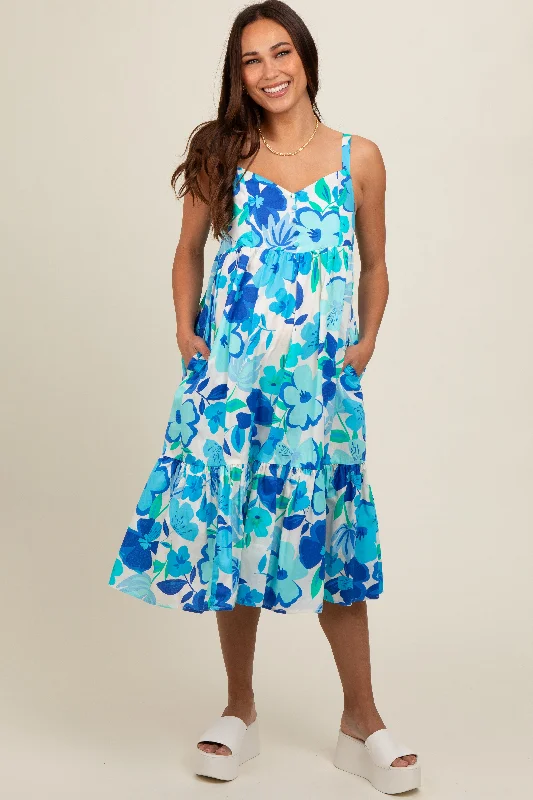 Blue Floral Button Front Sweetheart Neck Maternity Midi Dress