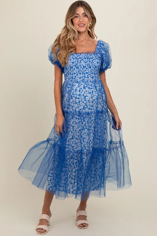 Blue Floral Lined Smocked Tulle Maternity Midi Dress